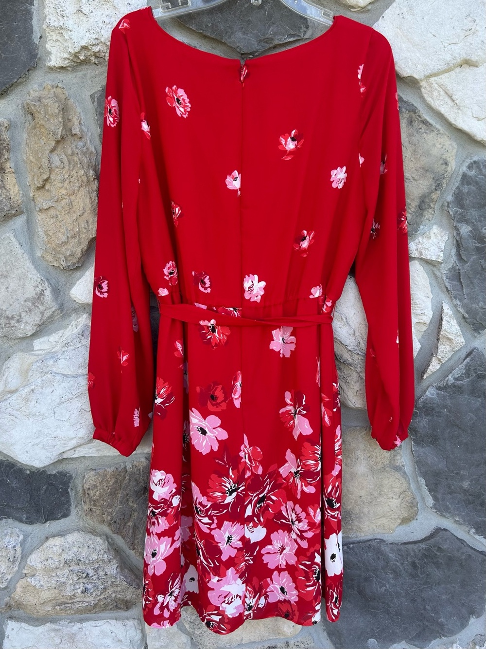 White House Black Market Red Floral Long-Sleeve A-Line Dress - Picture 2 of 6